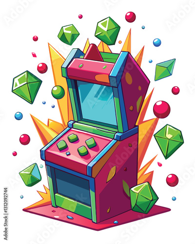 A vibrant neon-lit arcade machine dissolves into pixelated particles, showcasing retro gaming aesthetic and a dreamlike atmosphere.