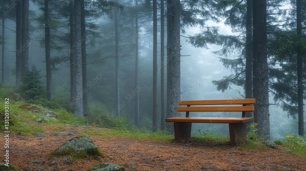 A wooden bench hidden within a misty pine grove, perfect for peaceful solitude. A wooden bench hidden within a misty pine grove, perfect for peaceful solitude.