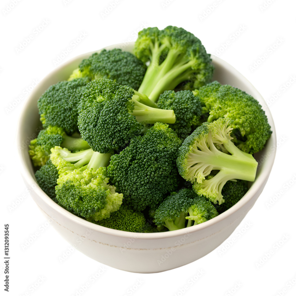 Fresh broccoli florets in bowl isolated on transparent background Fresh broccoli florets in bowl isolated on transparent background