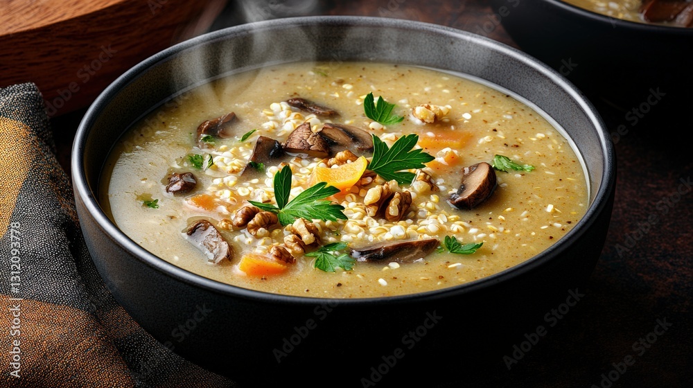 A rustic bowl of soup featuring mushrooms and rice set against a wooden table and natural light A rustic bowl of soup featuring mushrooms and rice set against a wooden table and natural light