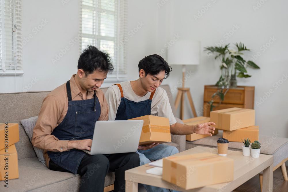 Cheerful social media marketers discussing product details while working in their stylish home office Cheerful social media marketers discussing product details while working in their stylish home office