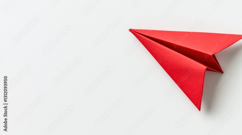 Solitary red paper airplane captured mid-flight against a pristine blue sky symbolizing aspiration Solitary red paper airplane captured mid-flight against a pristine blue sky symbolizing aspiration