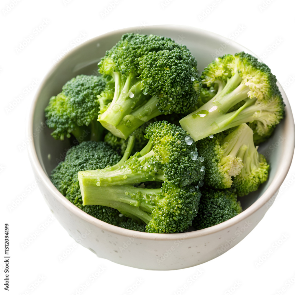 Fresh broccoli florets in bowl isolated on transparent background Fresh broccoli florets in bowl isolated on transparent background