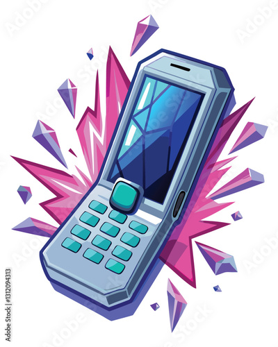 A futuristic neon pink flip phone shattering into grayscale fragments, showcasing a digital echo effect.  Emphasis on sharp geometric fracturing.