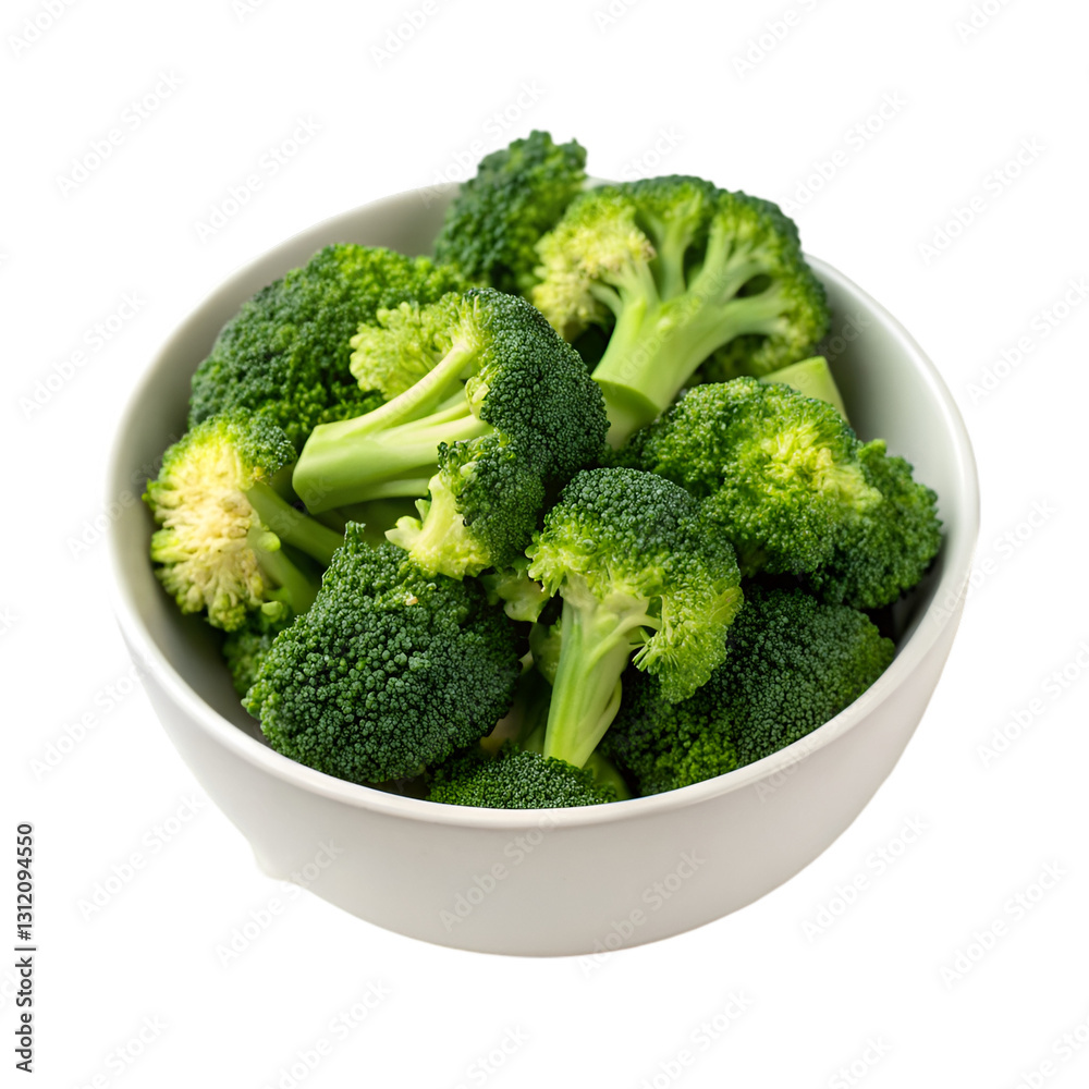 Fresh broccoli florets in bowl isolated on transparent background Fresh broccoli florets in bowl isolated on transparent background