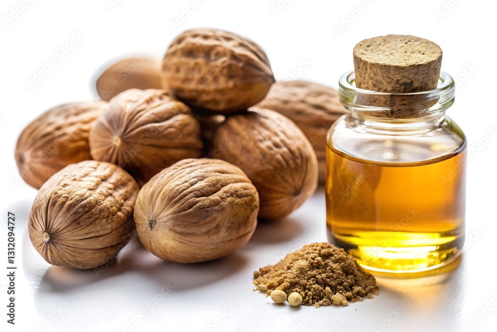 Detailed Image of Fresh Nutmeg with Small Bottle Detailed Image of Fresh Nutmeg with Small Bottle