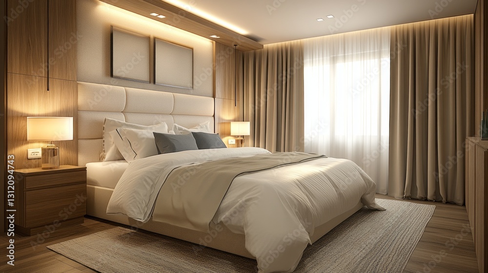 Soft alpine oat curtains gently frame a spacious bedroom adorned with modern wooden furnishings. Warm lighting creates a tranquil ambiance, inviting relaxation and comfort Soft alpine oat curtains gently frame a spacious bedroom adorned with modern wooden furnishings. Warm lighting creates a tranquil ambiance, inviting relaxation and comfort