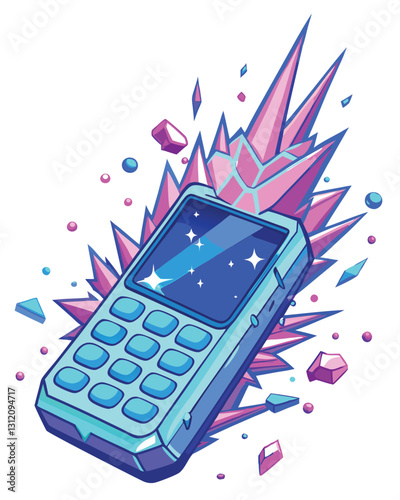 A futuristic neon pink flip phone, digitally fractured and dissolving into a grayscale background, showcasing a technological glitch or decay.