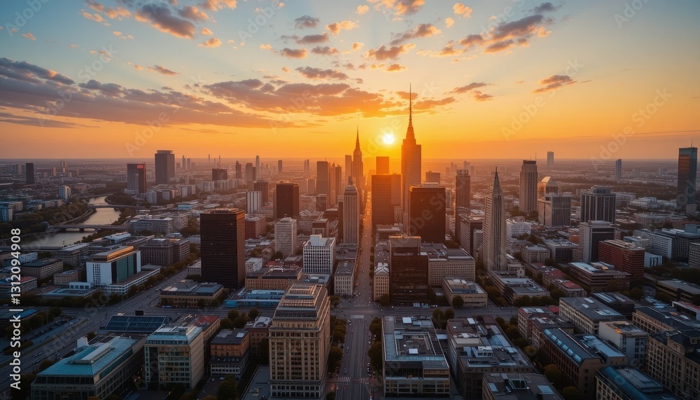 Obraz premium Sunset cityscape view new york urban landscape evening aerial perspective