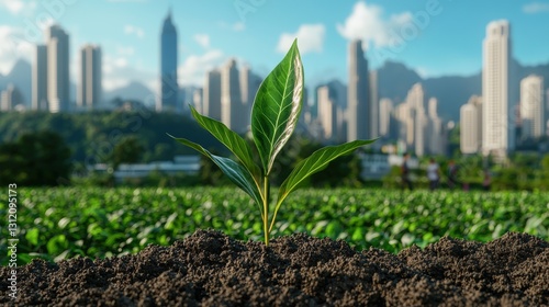 Green plant growing strongly in a field emphasizing nature's resilience and vibrant environment