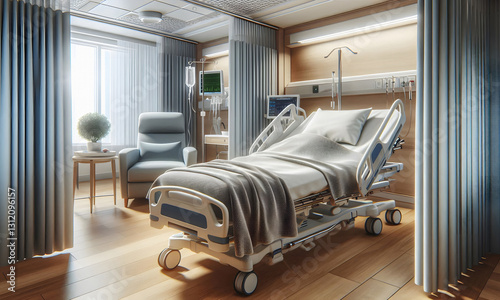 Ein ruhiges Zimmer in einem Krankenhaus mit Einzelbett, gedämpfter Beleuchtung , Gefühl von persönlicher, medizinischer Betreuung und Pflege