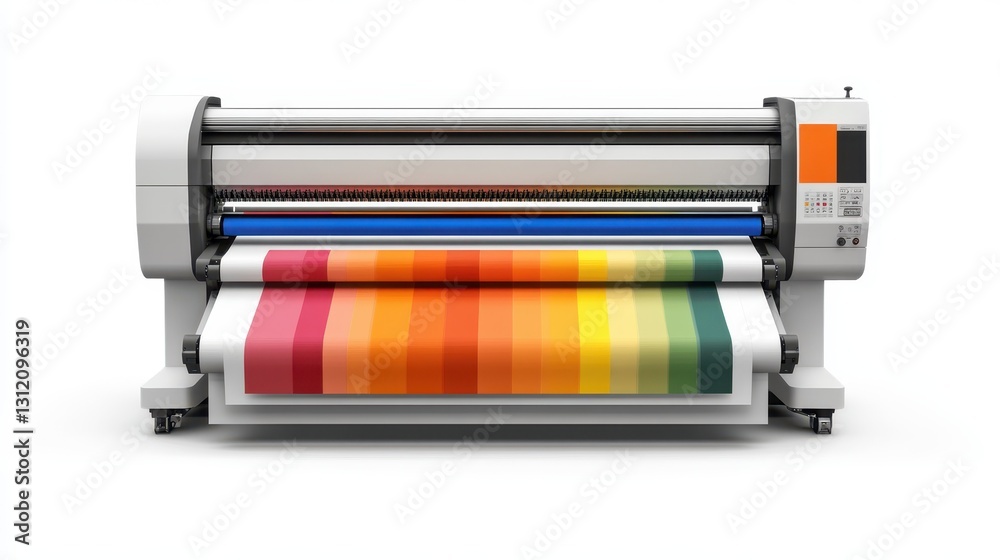 A modern large format printer machine displayed with a range of color samples, showcasing its capabilities and versatility. A modern large format printer machine displayed with a range of color samples, showcasing its capabilities and versatility.