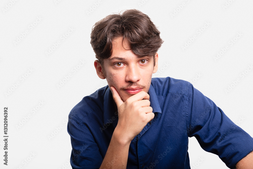 Young handsome student with black hair and blue shirt, sitting, looking seriously at the camera. Isolated on white background. Confident person. Young handsome student with black hair and blue shirt, sitting, looking seriously at the camera. Isolated on white background. Confident person.