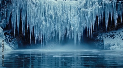 Frozen waterfall cascading into icy pool.