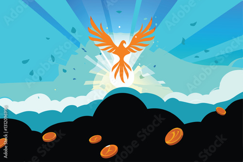 A phoenix rising from flames, symbolizing economic recovery and rebirth.  Focus on vibrant colors and powerful imagery.