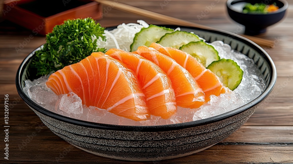 A premium sashimi platter with five perfect slices of salmon, chilled on ice with Japanese decor