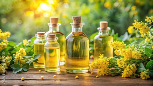 Aromatic oil bottles surrounded by lush agrimony flowers with delicate petals and soft green foliage in a warm