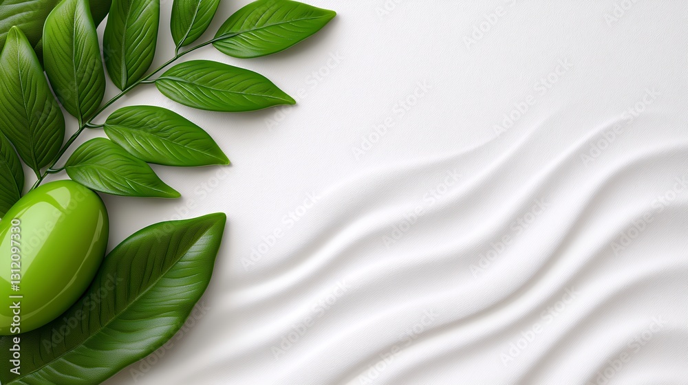 Fototapeta premium Green Heart and Dewy Leaves on White Textured Surface