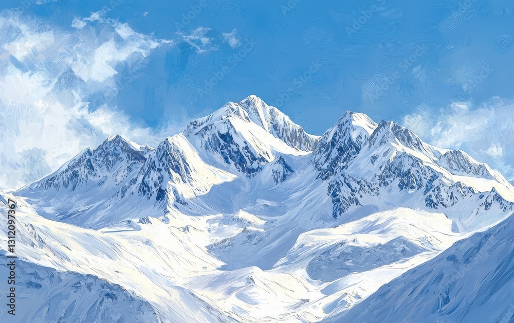 Naklejka premium A snow-covered mountain range with pristine, untouched snow and a brilliant blue sky