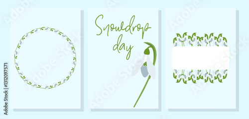 Snowdrops template set. Delicate white flowers with a minimalist, nature-inspired aesthetic. Ideal for organic products, packaging, invitations, and seasonal promotions