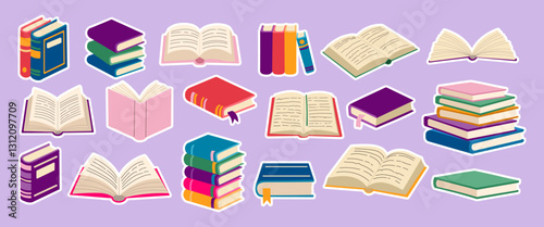 A stickers collection of books with different colors and sizes. The books are open and some are stacked on top of each other. Concept of knowledge and learning, as well as the importance of reading
