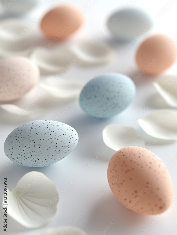 Speckled eggs in pastel hues surrounded by delicate white petals on bright surface Speckled eggs in pastel hues surrounded by delicate white petals on bright surface