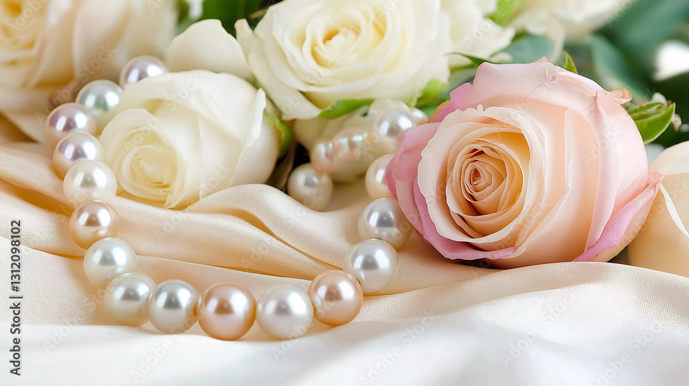 Obraz premium Elegant pearls and soft roses create a beautiful, timeless image perfect for special occasions.