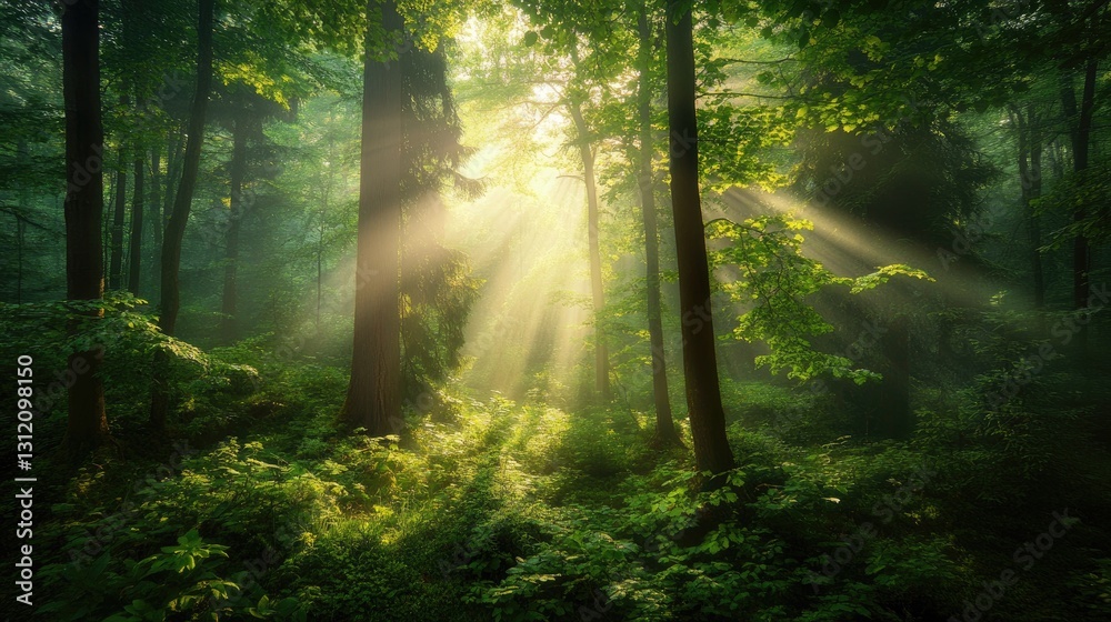 Sunlight dappling the forest floor, creating a warm contrast to the mist. Sunlight dappling the forest floor, creating a warm contrast to the mist.