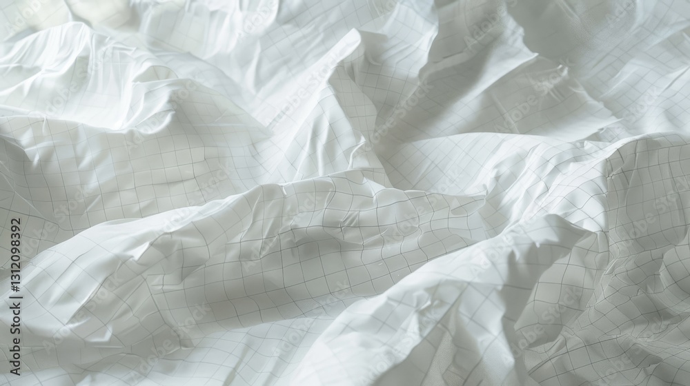Obraz premium a piece of crumpled white paper with faint grid lines, captured in ultra-realistic detail. The texture and depth of the folds should be highlighted by soft lighting
