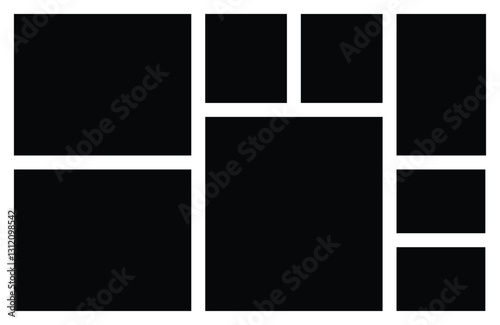 8 Empty Grid Collage Photo Frame Template. Square and Rectangle Background Shape. Mosaic and Texture Pattern Mood board for Portfolio and Wall Gallery Presentation.