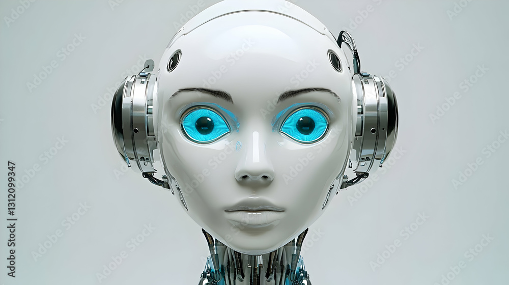 Closeup of a Female Robot Head with Glowing Eyes Closeup of a Female Robot Head with Glowing Eyes