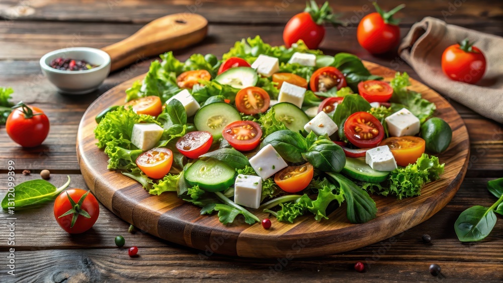Fresh mixed greens salad with cherry tomatoes, cucumber, carrots, and mozzarella cheese on a wooden cutting board Fresh mixed greens salad with cherry tomatoes, cucumber, carrots, and mozzarella cheese on a wooden cutting board