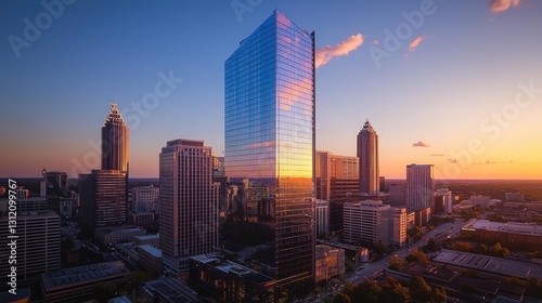 Sunset cityscape, modern skyscrapers, city skyline.