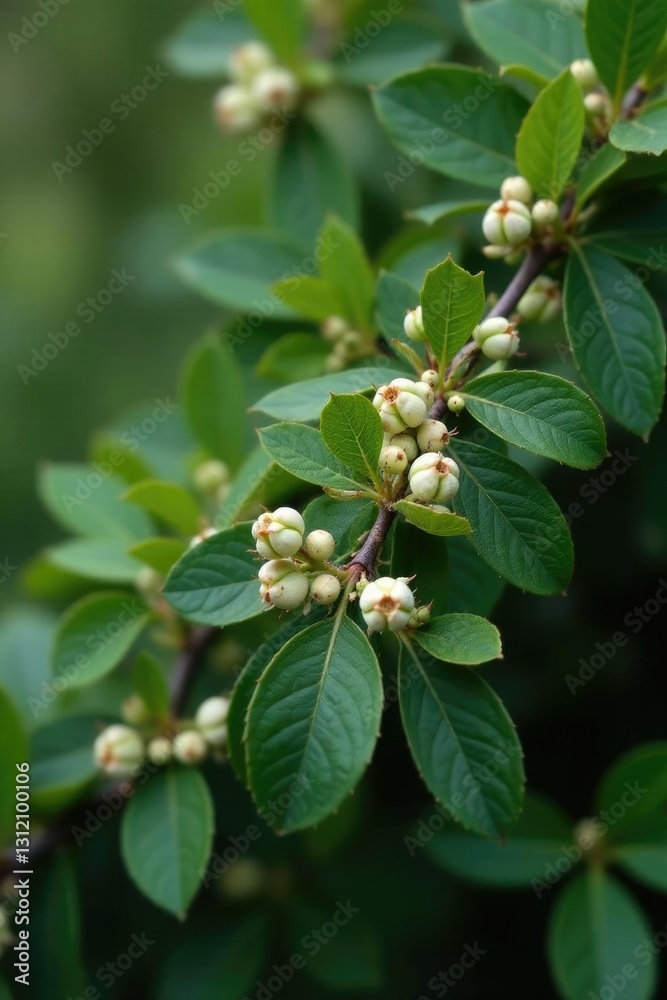 Prickly shrub with dark green leaves and white berries in full bloom, spring, flowers, wildflowers Prickly shrub with dark green leaves and white berries in full bloom, spring, flowers, wildflowers