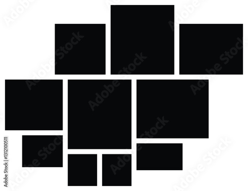 Asymmetrical 10 photo collage vector illustration. Tiles pattern for web and mockup presentation. Collage templates, birthday collage, collage art. Comics page grid layout abstract photo frames.