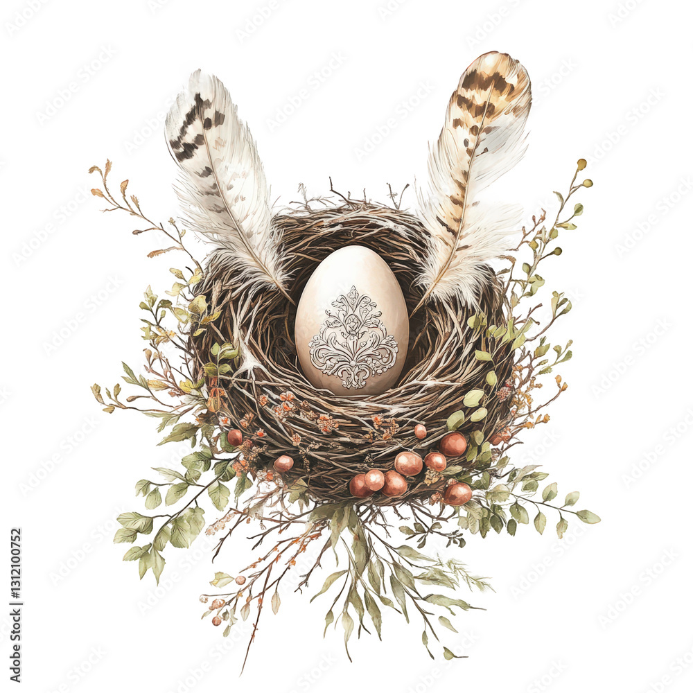 Fototapeta premium A digital illustration of a rustic bird's nest with a single ornate egg, surrounded by elegant natural decorations like soft feathers and subtle botanical elements, visually appealing and well-crafted