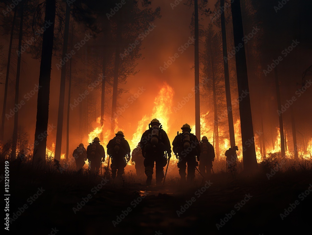 Fototapeta premium Courageous firefighters combat raging wildfire amidst towering trees and fierce flames in a dramatic night setting. Generative AI