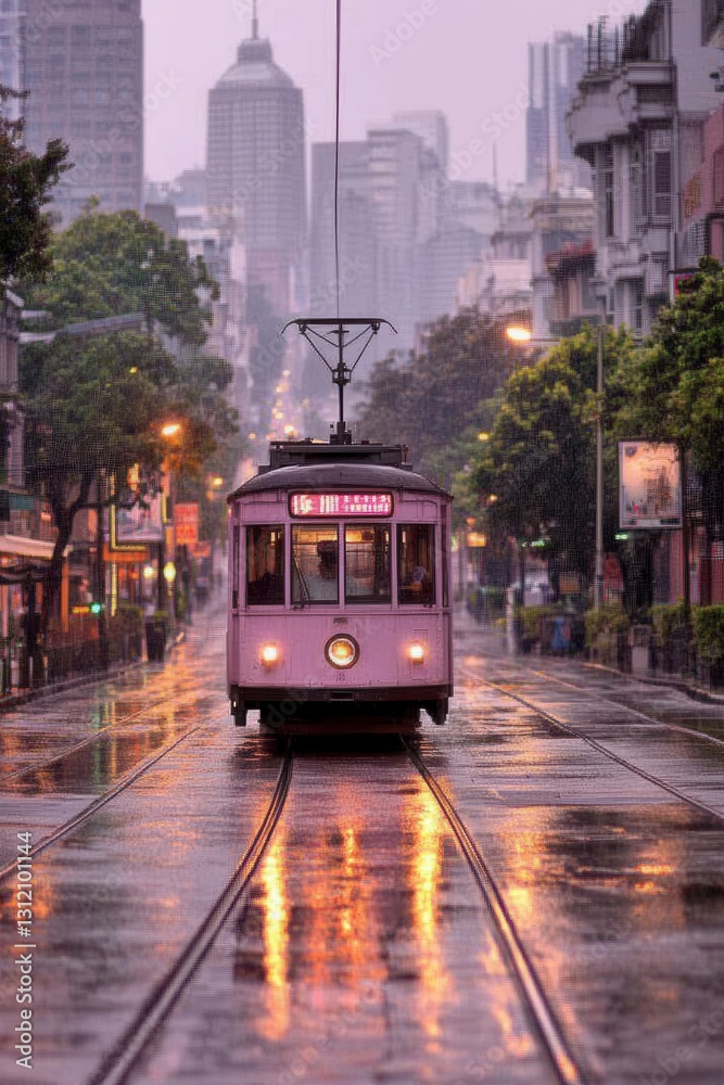 Naklejka premium Pink vintage streetcar on rain slicked tracks in a city setting. Soft lighting, urban background.