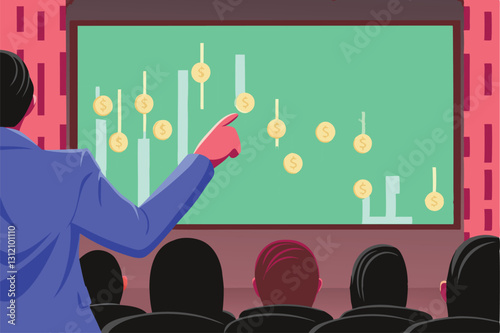 A captivating image depicting a speaker presenting financial charts at a conference.  Focus on the speaker's engaging presentation style and the detailed charts illustrating key financial data.