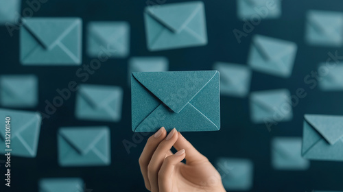 A hand holding a teal envelope with blurred envelopes in the background.