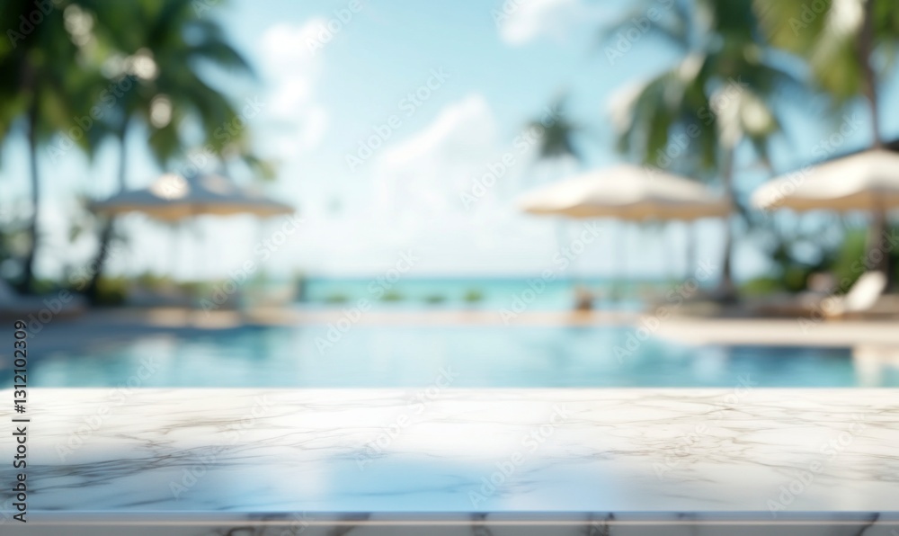 Marble Surface with Tropical Swimming Pool Background for Summer Vacation Marble Surface with Tropical Swimming Pool Background for Summer Vacation