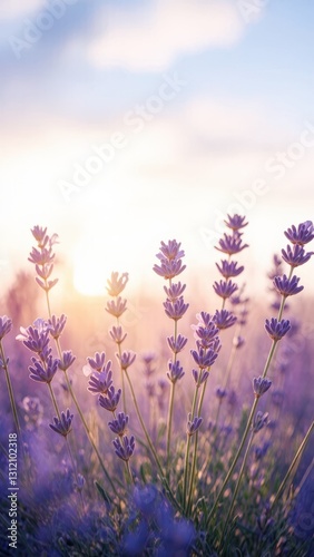 Lavender Flowers Sway Gently in the Sunlit Field During Sunset