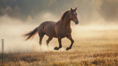 Majestic horse galloping in golden field