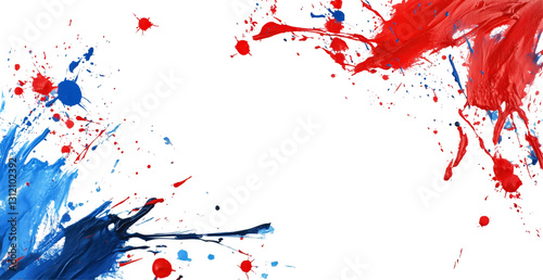 Red and Blue Paint Splatter: A dynamic and vibrant abstract design featuring bold splashes of red and blue paint against a pristine white backdrop.