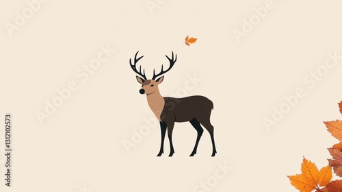 A majestic deer stands majestically against a beige backdrop, adorned with autumn leaves.