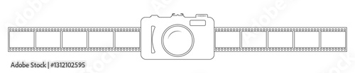 Photo camera outline icon with 10 frames fim reel vector design. Analog retro camera to use for photography, photo frame, cinema, photography competition projects.