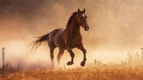 Majestic horse galloping through golden field at sunrise