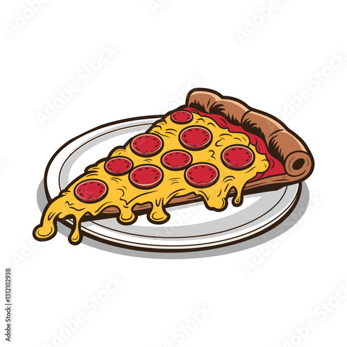 Slice of pizza on a plate vector, and Pizza Melted Cheese dripping vector art illustration design