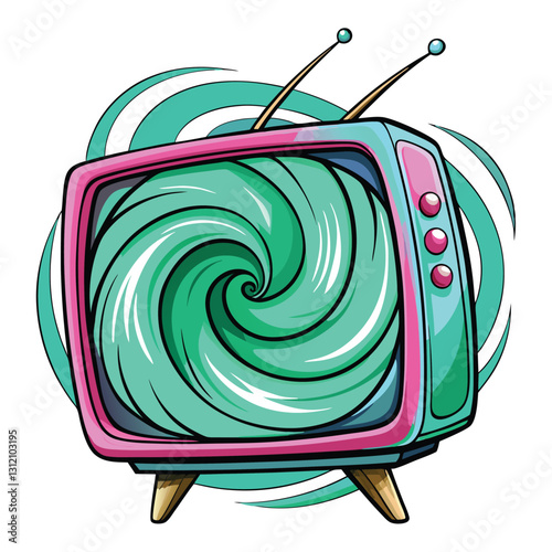 A vintage, chunky, mint green retro television set acts as a portal, showcasing a swirling, otherworldly scene on its screen.  Detailed, 80s aesthetic.
