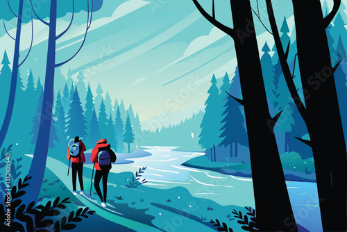 Two hikers enjoy a scenic forest trail, backpacks laden, amidst lush greenery and towering trees; a captivating journey unfolds.